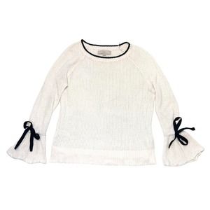 LOFT Sweater Cream Knit Bow Accents Black Trim and Tie Flared Cuffs Women's XS